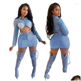 Work Dresses Streetwear Denim 2 Piece Skirt Set For Women Y2K Clothing Long Sleeve Crop Top And Mini Skirts Birthday Night Club Drop D Dh3Ns