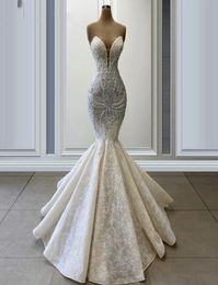Luxury Mermaid Wedding Dresses Crystals Bridal Gowns Pearls Beaded Applique Lace Sweetheart Backless Sweep Train Robe De Marriage6918398