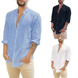 Shirts European and American Mens Loose Linen Cardigan Solid Colour Leisure Collar Long Sleeve Comfort Polo Shirt 240328