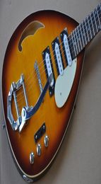 Custom Hutchins Brian Jones Vox 1960s PGW Teardrop Flame Maple Top Sunburst Hollow Body Electric Guitar Single Hole Bigs Tailpiece6382081