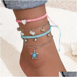 Anklets Hand Woven Blue Pink Love Foot Rope Natural Gravel Turtle Artificial Crystal Tassel Chain 4-Piece Set Drop Delivery Jewellery Dh9Kg