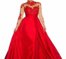 Sheer Red Prom Dresses Long High Neck Lace Taffeta ALine Applique Sleeve Backless Formal Evening Gowns New Style Custom8157208