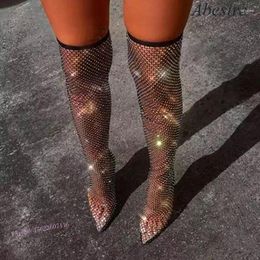 Boots Fashionable Stage Performance Over-The-Knee For Women With Rhinestones Pointed Toes High Heels Long Socks
