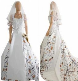 Fashion White Camo Wedding Dresses With Veil Satin Lace Appliques Bridal Gowns Lace Up Back Custom Long Camouflage New5146158