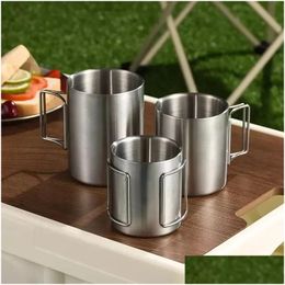 Other Drinkware Stackable Double Wall Cam Mug Stainless Steel Portable Cups With Folding Handle For Touring Trips Outdoor Campfire Hik Dhidw