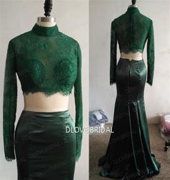 New Green Satin 2 Piece Prom Dresses Long Sleeve Mermaid Style High Quality Sheer Lace Special Occasion Party Evening Dress Robe D5918491