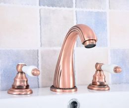 Bathroom Sink Faucets Antique Copper 2 Ceramic Handle Deck-Mount 3 Hole Widespread Lavatory Vessel Bathtub Basin Faucet Mixer Tap Dsf538