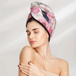 Towel Girl Hair Drying Hat Pink Flowers Tropical Protea And Flamingos Cap Bath MicrofiberTowel Absorption Turban