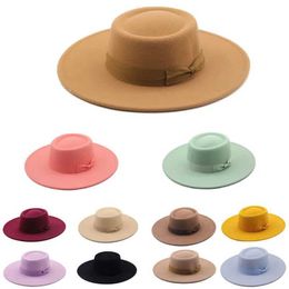 Wide Brim Hats Bucket 2023 Fedora Hat for Women Men Flat Top Concave Design Autumn Winter Bow Tie Jazz Colorful Unisex Panama Q240403