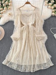 Work Dresses Two Piece Set 2024 Summer Lace Dress Women Gentle Style Sling Long Sleeved Shawl Cardigan Elegant Chic Suits