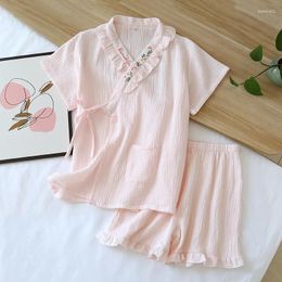 Home Clothing Two Piece Set Sweet Embroidery Cotton Pijamas Suit Summer Short Sleeve Cardigan Shorts Sleepwear Homewear Japanese Style