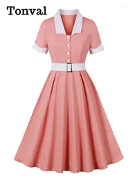 Party Dresses Tonval 2024 Vintage Style Pink Dress With White Collar 95% Cotton Button Up Retro 40s 50s Ladies Elegant Pleated