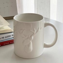 Mugs Nordic Minimalist Elk Embossed Pure White Ceramic Cups Breakfast Home Exquisite Small Fresh Coffee Cups.