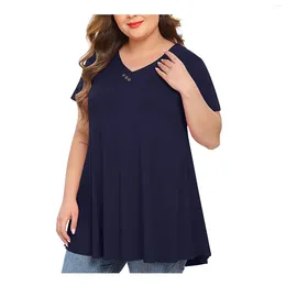 Women's T Shirts Large Size Women V-neck Button Short-Sleeved Solid Color Loose Pullover T-shirt Fashion Woman Blouse 2024 Clothing Sale