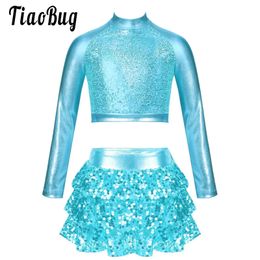 Kids Girls Shiny Sequins Jazz Hip Hop Dance Outfits 2Pcs Modern Dancing Costumes Performance Dancewear Crop Top Skirted Culottes 240401