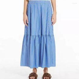 Skirts Cotton Blue Striped Elastic High Waist A Line Large Hem Ruffled Midi Skirt