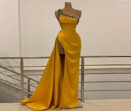 Sexy Women Evening Gowns One Shoulder Crystal Satin Mermaid Prom Dress with High Split Backless Red Carpet Dresses8553914