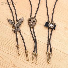 Bolo Ties Fashion Bolo Tie Hand-knitted Leather Rope Long Sweater Chain Retro Camera Eagle Mask Necklace Wholesale Bow Tie 240407