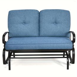 Camp Furniture Outdoor Patio Rocking Bench Loveseat Cushioned Seat With Steel Frame Blue