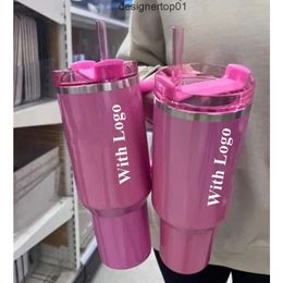 Stanleiness Pink Cosmo Parade Flamingo Tumbler Quencher H20 40oz Stainless Steel Tumblers Cups Silicone handle Lid Straw 2nd Generation Car mugs WaterMelon M 0II6