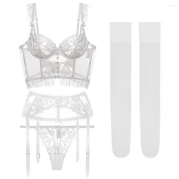 Bras Sets French White Lace Sexy Bra Set Wedding Dress Underwear Backless Vest Style Garter Thong Stockings 4PCS