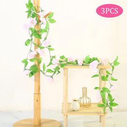 Decorative Flowers Behogar 3PCS Artificial Silk Roses Rattan Vine Hanging Garland For Home Wedding Garden Party Decoration 87in Pink