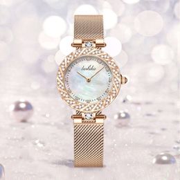 Tiktok Korean Womens Diamond Set Quartz Fashion Fritillary Small Round Waterproof Mesh Watch