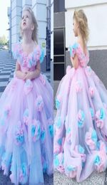 Rainbow Ball Gown Flower Girl Dresses For Wedding 3D Flowers Girls Pageant Gowns V Neck Sweep Train Tulle First Communion Dress3507132