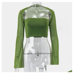 Womens T-Shirt 2023 T Shirts Y Women Crop Top Mesh Sleeve Tops Hollow Out Transparent Ladies Shirt Green Casual Tee Drop Delivery Appa Dhv4O