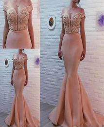 New Sexy Mermaid Evening Dresses Off Shoulder Satin Lace Appliques Crystal Beaded Open Back Long Formal Party Dress Celebrity 3469541