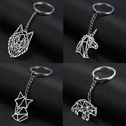 Keychains Lanyards Jeshayuan Fox Tiger Wolf Bear Animal Keychain Stainless Steel Hollow Dog Unicorn Rabbit Mens Gift Q240403