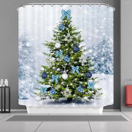 Shower Curtains Winter Snow Snowflakes Christmas Tree With Ornaments Balls Bow Xmas Merry Bath Curtain