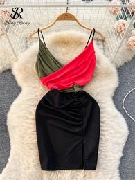 Casual Dresses SINGREINY Strap Color Blocking Cross V-neck Slim Dress Fashion Chic Sleeveless Ruched Bodycon Stretchy Women Club Sexy