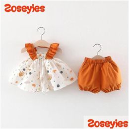 Clothing Sets Summer Baby Girls Suit Printed Sleeve Suspender Top Solid Color Shorts Cute Casual Holiday Two-Piece Set Drop Delivery Dhxfd