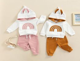 Clothing Sets 2 Pieces Baby Girls Suit Set Rainbow Patterns Long Sleeve Hooded Tops TieUp Pants For Boys 03 Years4018210