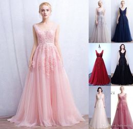 2020 Vestidos De Novia A Line Sexy DeepV Back Bead Lace Long Tulle Evening Dresses Backless Ribbon Colorful Blush Pink Prom Gowns1922365