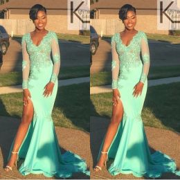 Dresses Mint Green African Dresses Evening Wear V Neck Lace Appliques Beads Illusion Long Sleeves Prom Dress Mermaid Side Split Party Dres