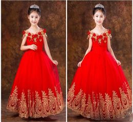 vintage gold Appliqued And Red tulle Girls PAgeant Dresses Off Shoulder Short Sleeves Lace Appliqued Floor Length Flower girls Dre5567652