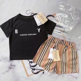 Black Kids Clothing Summer Fashion able Children's Short Sleeve T-shirt Chequered Striped pants Little letter Men's and Women's Shorts Handsome Two Piece Set