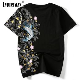 Lyprerazy Retro Japan Embroidery T Shirt Koi Fish Print White Tops Tees Summer Harajuku Men Hip Hop Tshirt Streetwear TShirt 240323