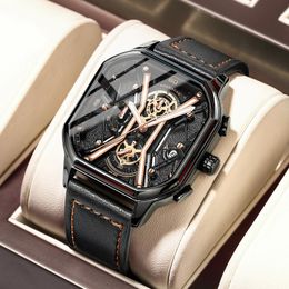 POEDAGAR Fashion Men Wristwatches Luxury Chronograph Luminous Waterproof Date Man Watch Square Dial Leather Quartz Mens Watches 240322