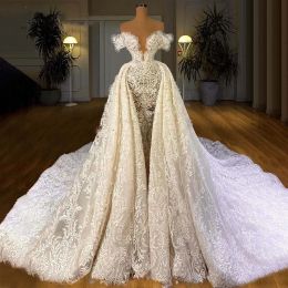 Dresses Haute Couture 2022 Fashion Wedding Dress with Detachable Train Luxurious Arabic Dubai Lace Pearls Wedding Dresses Bridal Gowns BES