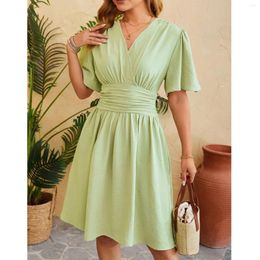 Casual Dresses Women Summer Dress Short Sleeve High Waist Chic Fashion Solid Colour Pleated A Line Midi Female Vestidos