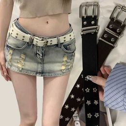 Belts Retro Gothic Star Rivet Belt Womens Pu Leather Pattern Printing Designer Brand Buckle Belt Hollow Jeans AccessoriesC240407