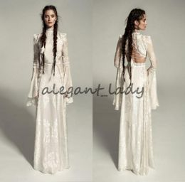 Meital Zano Great Victoria Mediaeval Wedding Gown with Bell Sleeves Vintage Crochet Lace High Neck Gothic Queen Wedding Dresses7359564