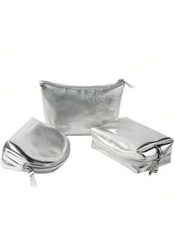 Silver Cosmetic Bag Three-piece Set Waterproof Portable Small Items Carry-on Touch-up Storage Bag 240327