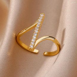 Cluster Rings Zircon Geometric For Women Gold Color Stainless Steel Opening Ring Luxury Wedding Party Aesthetic Jewerly Gift Femme 2024