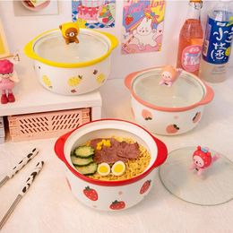 Bowls Kawaii Ceramics Strawberry Peach Ramen Bowl With Lid Cute Kitchen Large Instant Noodles Fruit Salad Rice Soup Tableware
