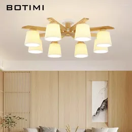 Chandeliers BOTIMI Solid Wood Chandelier With Fabric Lampshades For Living Room Modern Wooden Bedroom LED Lustres Dining Lights