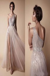 Berta 2020 Sexy High Side Split Sequined Wedding Dresses Bohemian One Shoulder Lace Appliqued Bridal Gowns vestido de novia9298895